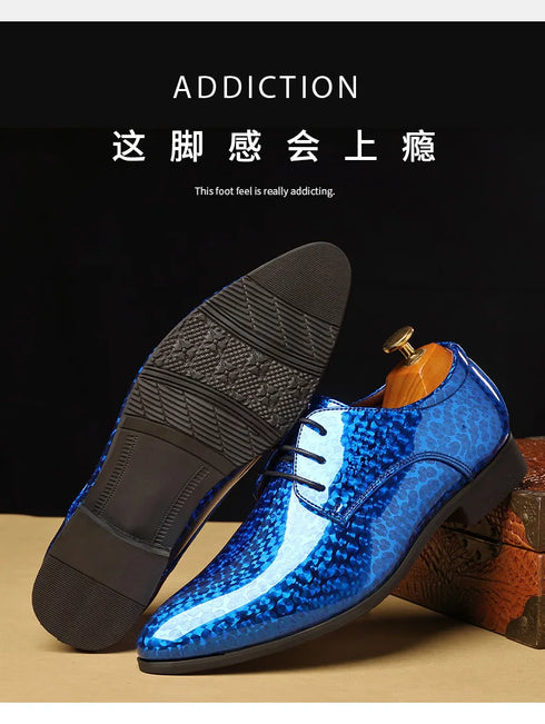 Elegant Patent Leather Derby Shoes for Men – Formal Wedding and Business Office Footwear with Pointed Toe Design, Available in Size 48
